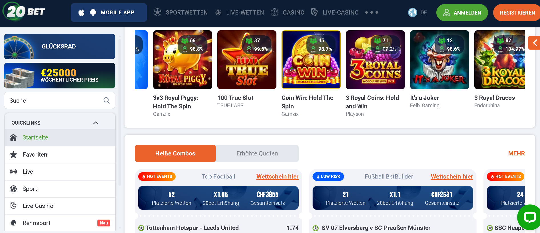 20bet Casino Lobby Vorschau